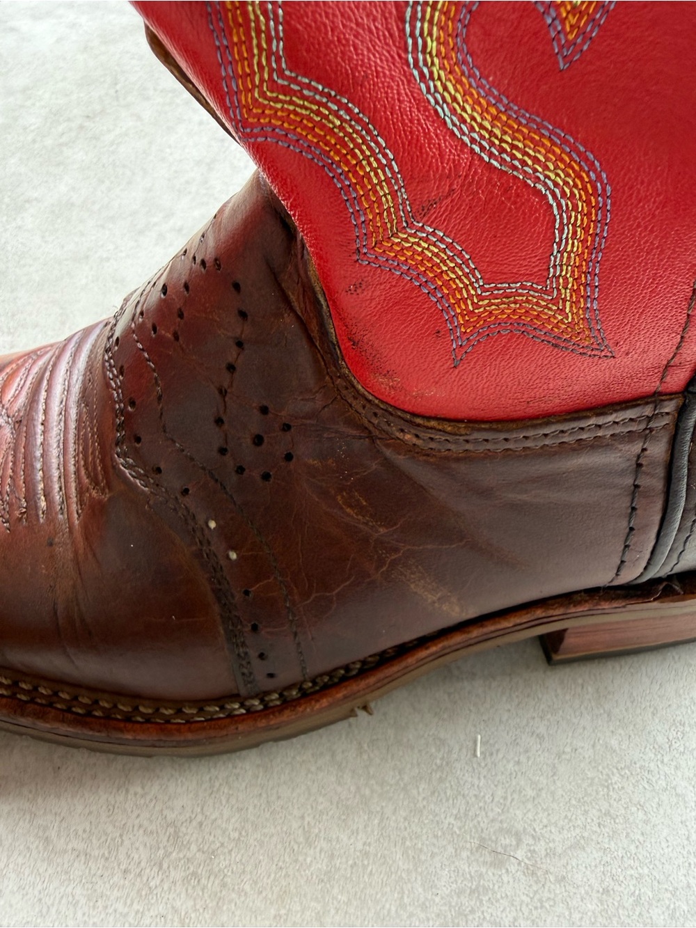 Double H Brown Leather Western Boots SZ 9with Red Embroidered Shaft square front - Picture 5 of 12